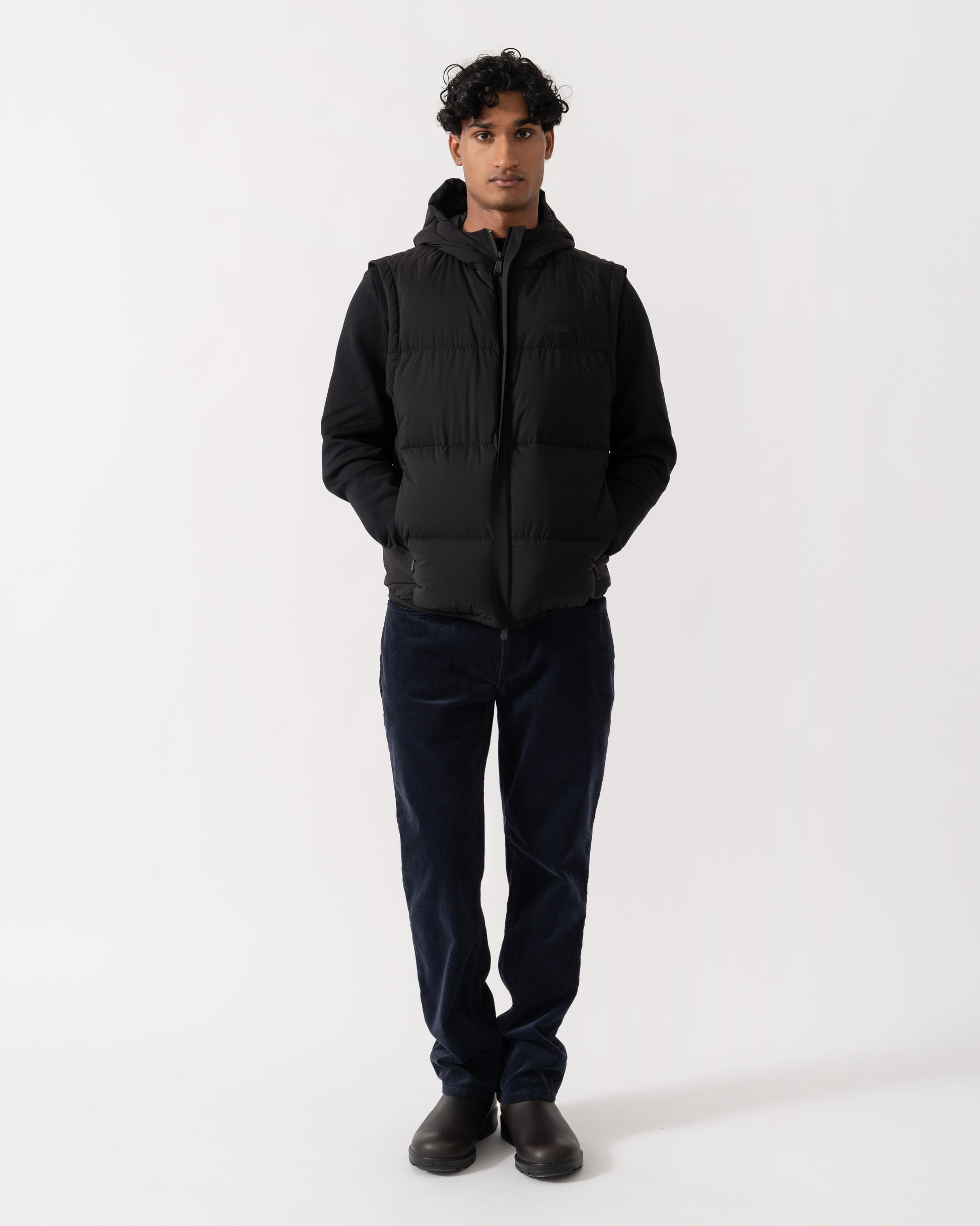 Man wearing BOSS Green OW Riplite Mens Padded Gilet - Black 001