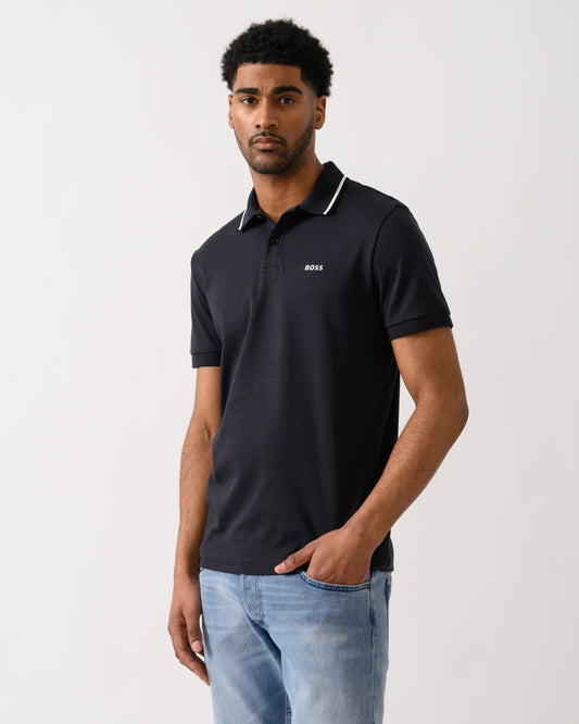 Model wearing a BOSS Green Paddy Mens Slim-Fit Polo Shirt in Interlock Cotton in Dark Blue 402