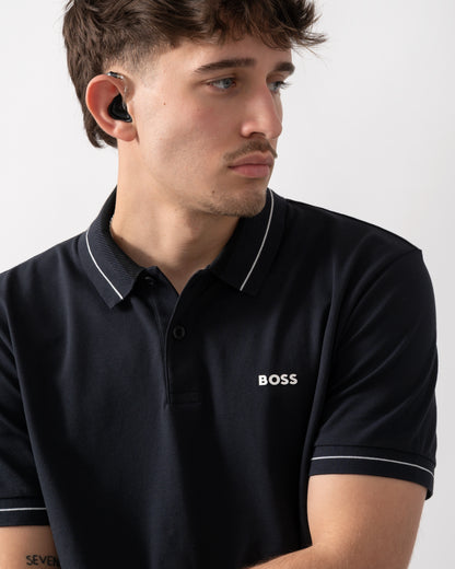 close up shot of a model wearing a BOSS Green PL_Member Mens Short Sleeve Polo Shirt in Dark Blue 402
