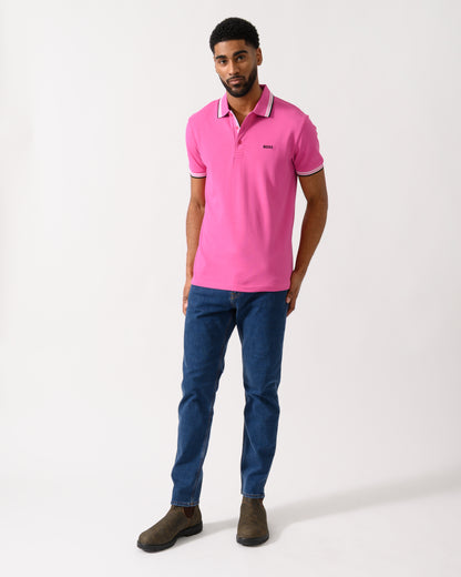 Full length shot of a model wearing a BOSS Green Paddy Mens Cotton-Piqué Polo Shirt with Contrast Logo in Bright Pink