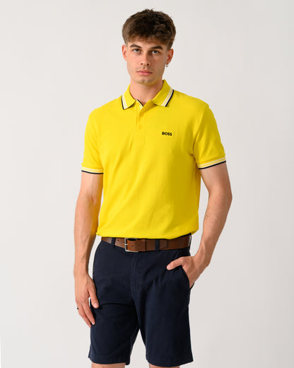 model wearing a BOSS Green Paddy Mens Cotton-Piqué Polo Shirt with Contrast Logo in Bright Yellow 739