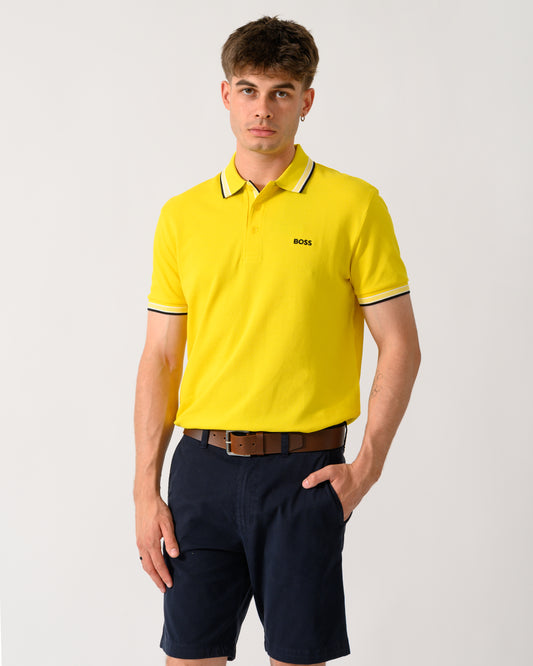 model wearing a BOSS Green Paddy Mens Cotton-Piqué Polo Shirt with Contrast Logo in Bright Yellow 739