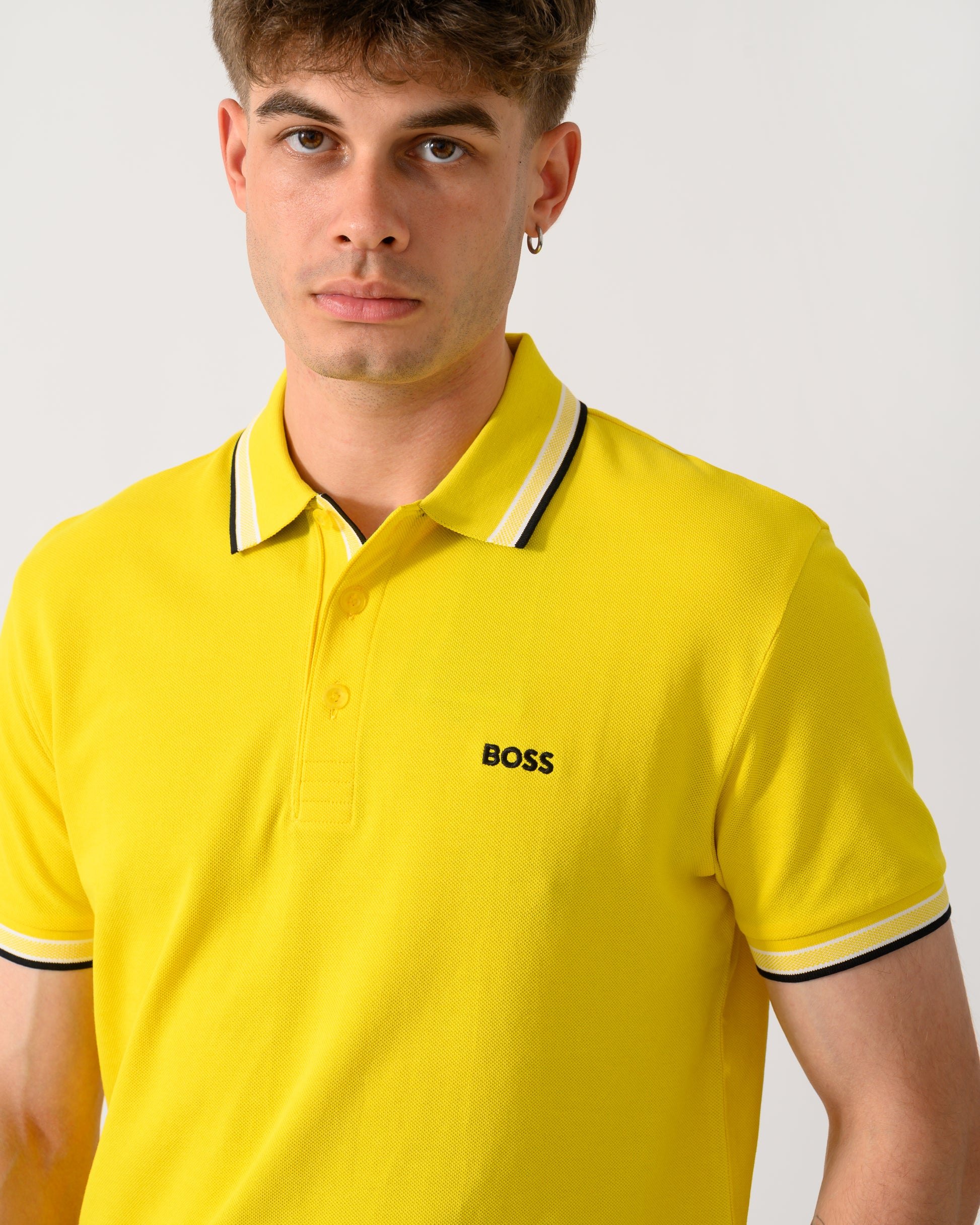 close up shot of a model wearing a BOSS Green Paddy Mens Cotton-Piqué Polo Shirt with Contrast Logo in Bright Yellow 739