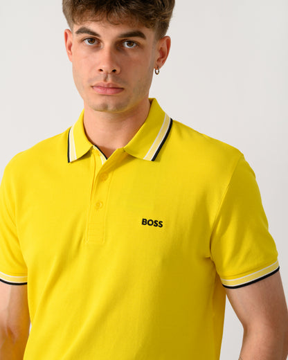 close up shot of a model wearing a BOSS Green Paddy Mens Cotton-Piqué Polo Shirt with Contrast Logo in Bright Yellow 739