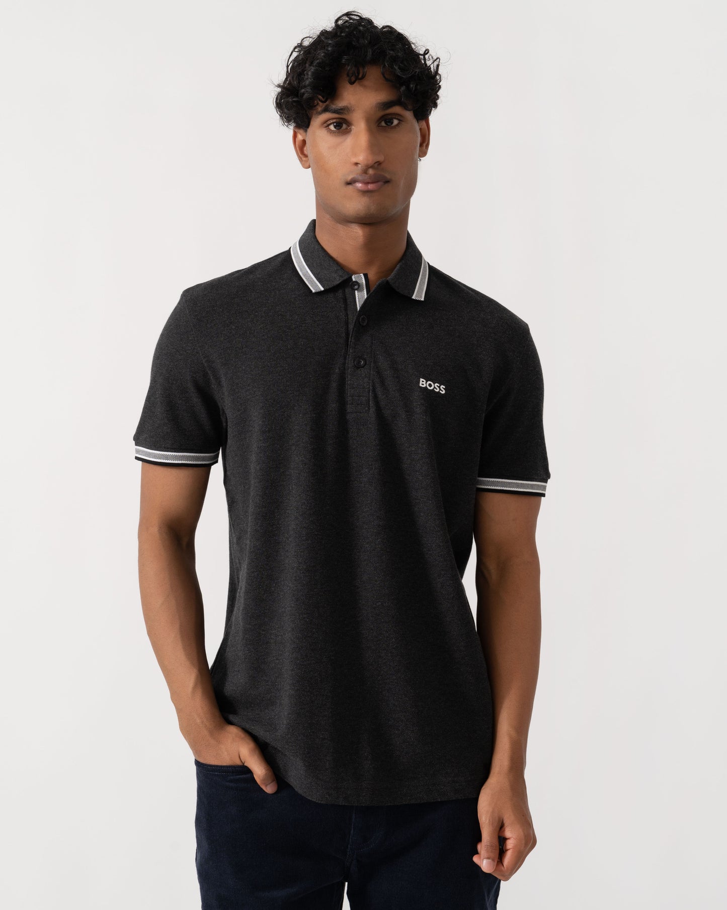 Front of BOSS Green Paddy Mens Cotton-Piqué Polo Shirt with Contrast Logo - Dark Grey 022