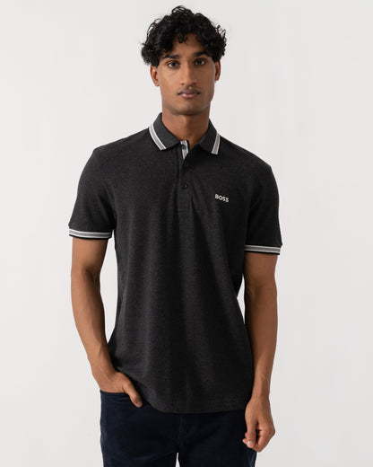 Front of BOSS Green Paddy Mens Cotton-Piqué Polo Shirt with Contrast Logo - Dark Grey 022