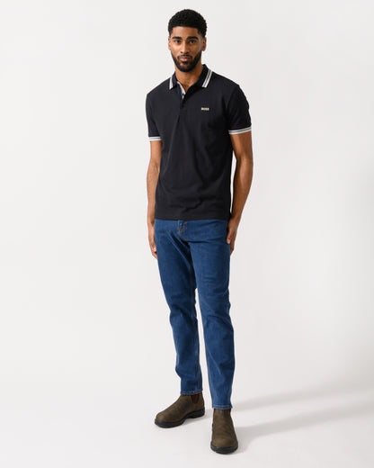 Full length shot of a Model wearing a BOSS Green Paddy Mens Cotton-Piqué Polo Shirt with Contrast Logo in Medium Blue