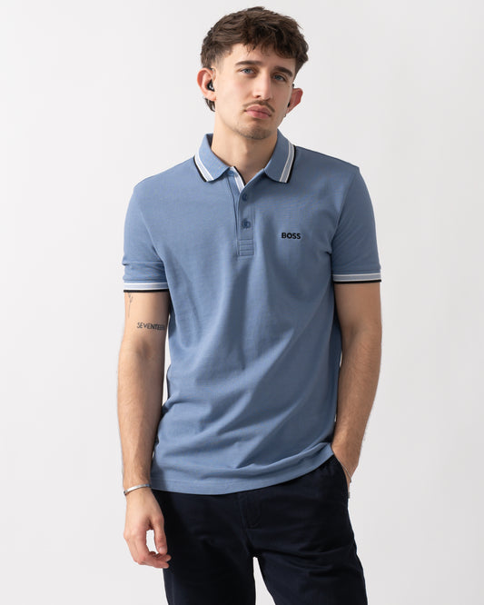 studio shot of a model wearing a BOSS Green Paddy Mens Cotton-Piqué Polo Shirt with Contrast Logo in Open Blue 462