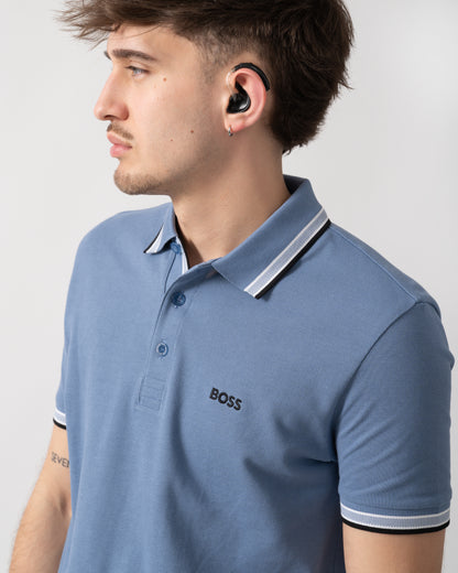 close up shot of a model wearing a BOSS Green Paddy Mens Cotton-Piqué Polo Shirt with Contrast Logo in Open Blue 462
