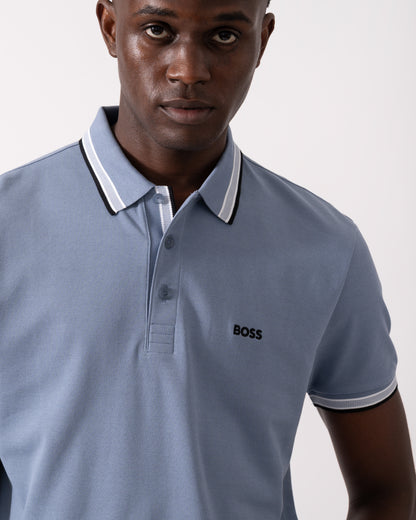 BOSS Green Paddy Mens Cotton-Piqué Polo Shirt with Contrast Logo - Open Blue 490