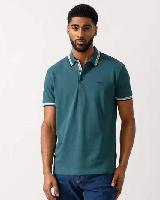 model wearing a BOSS Green Paddy Mens Cotton-Piqué Polo Shirt with Contrast Logo in Open Green