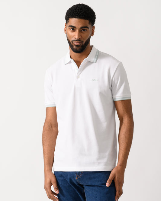 Model wearing a BOSS Green Paddy Mens Cotton-Piqué Polo Shirt with Contrast Logo in Open White