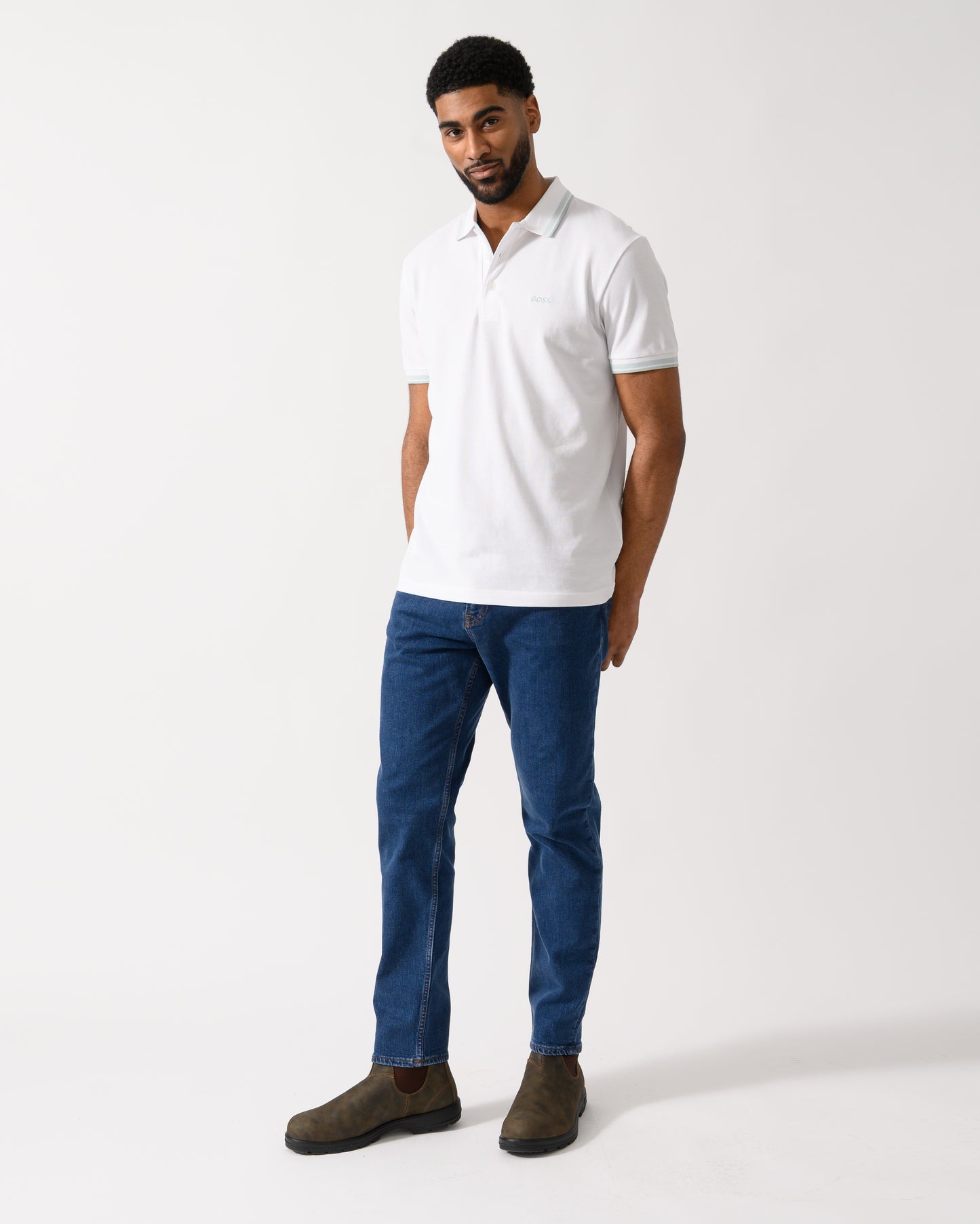 Full length shot of a Model wearing a BOSS Green Paddy Mens Cotton-Piqué Polo Shirt with Contrast Logo in Open White