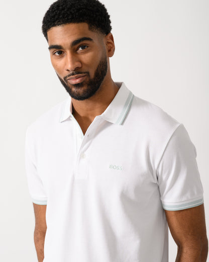 detail shot of a Model wearing a BOSS Green Paddy Mens Cotton-Piqué Polo Shirt with Contrast Logo in Open White