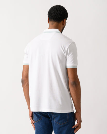 back shot of a Model wearing a BOSS Green Paddy Mens Cotton-Piqué Polo Shirt with Contrast Logo in Open White