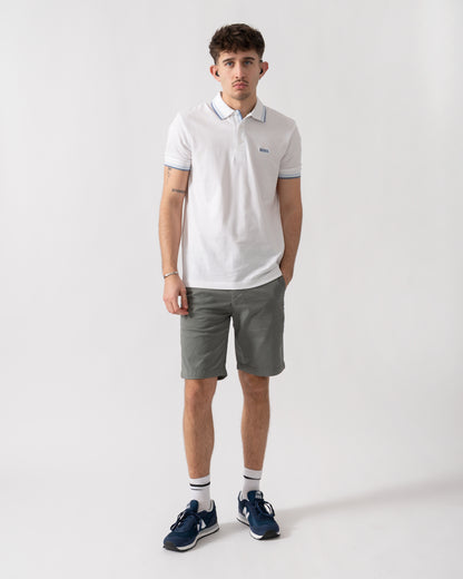full length shot of a model wearing a BOSS Green Paddy Mens Cotton-Piqué Polo Shirt with Contrast Logo in Open White 115