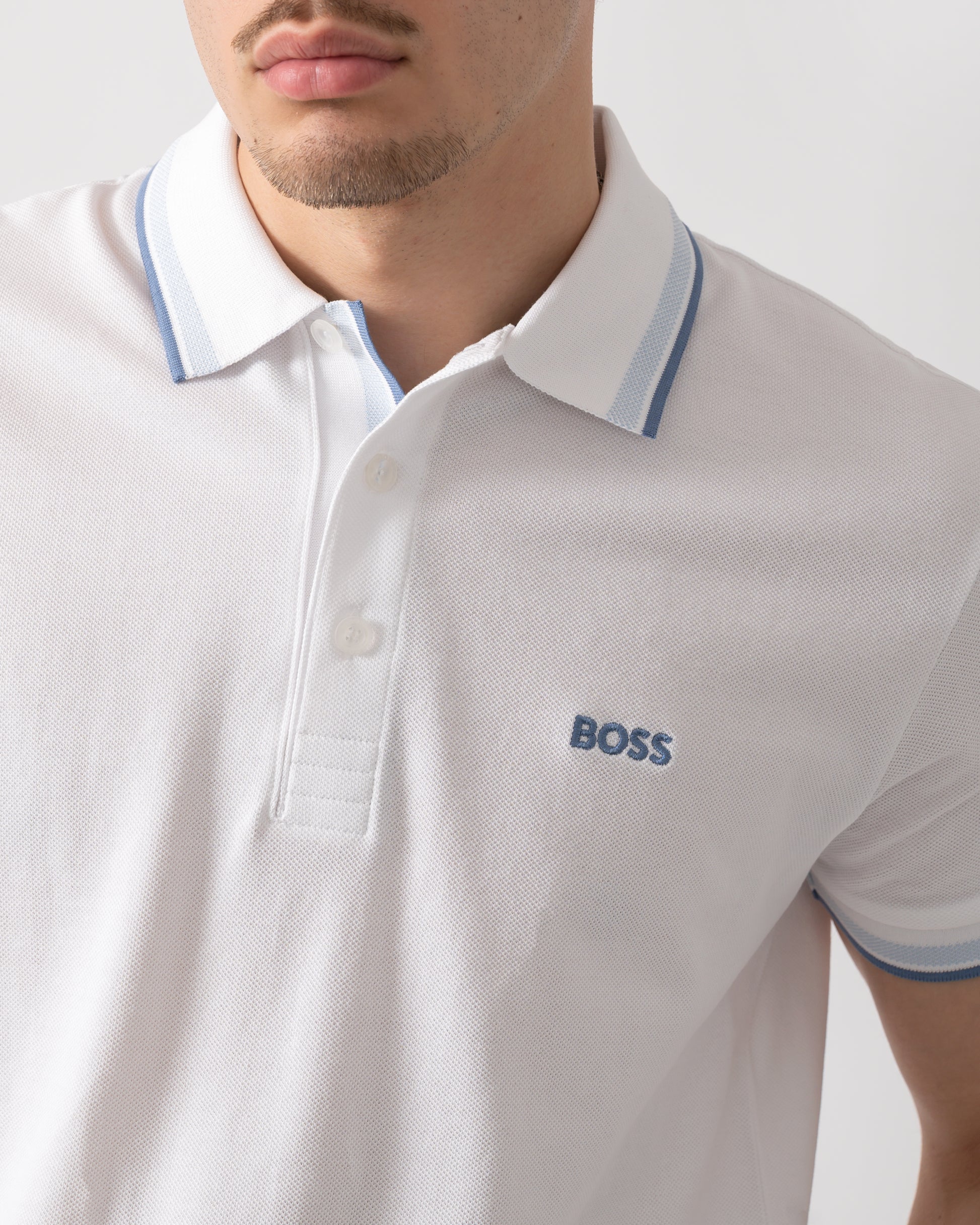 detail shot of a model wearing a BOSS Green Paddy Mens Cotton-Piqué Polo Shirt with Contrast Logo in Open White 115