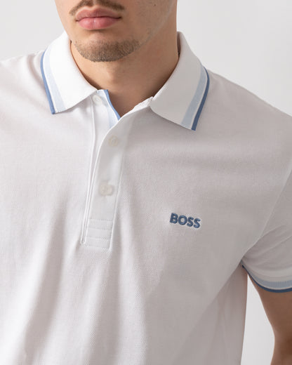 detail shot of a model wearing a BOSS Green Paddy Mens Cotton-Piqué Polo Shirt with Contrast Logo in Open White 115