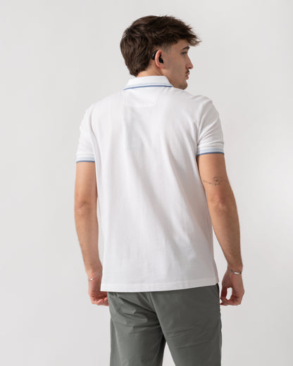 back shot of a model wearing a BOSS Green Paddy Mens Cotton-Piqué Polo Shirt with Contrast Logo in Open White 115