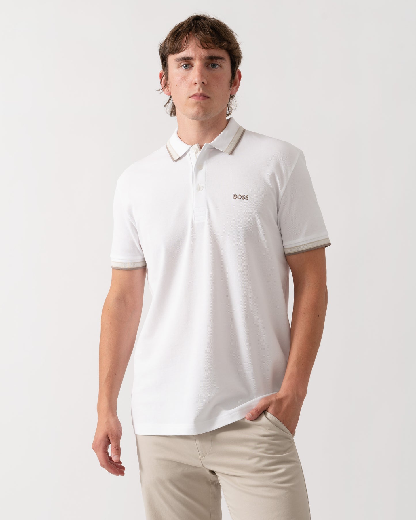 BOSS Green Paddy Mens Cotton-Piqué Polo Shirt with Contrast Logo - Open White 116
