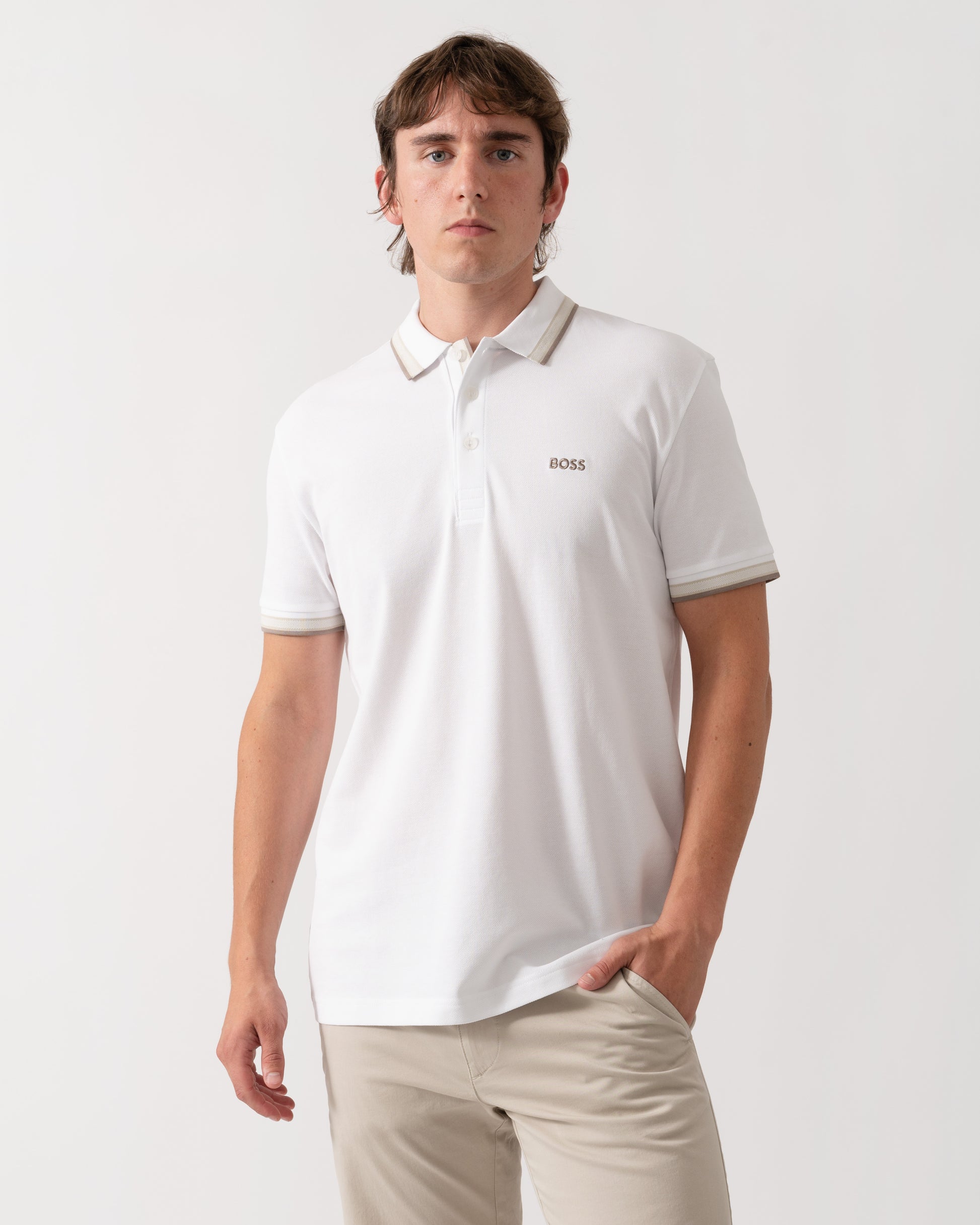 BOSS Green Paddy Mens Cotton-Piqué Polo Shirt with Contrast Logo - Open White 116