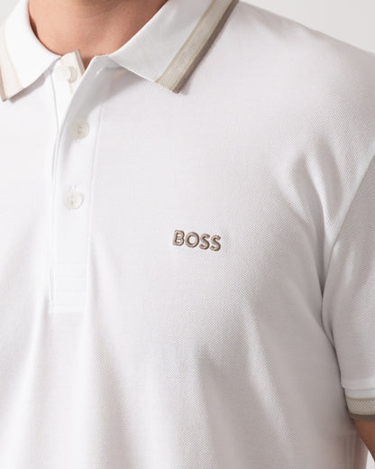 BOSS Green Paddy Mens Cotton-Piqué Polo Shirt with Contrast Logo - Open White 116