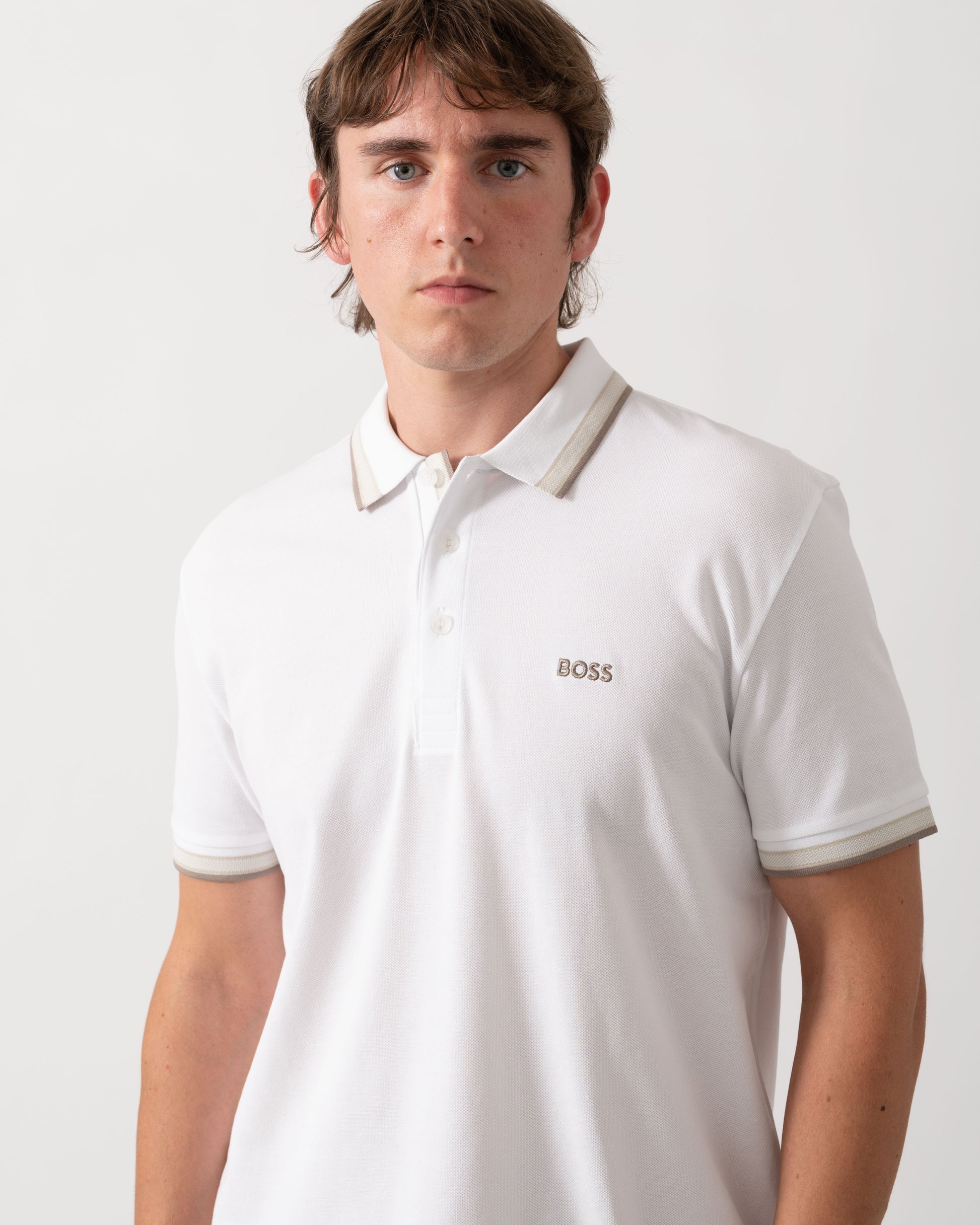BOSS Green Paddy Mens Cotton-Piqué Polo Shirt with Contrast Logo - Open White 116