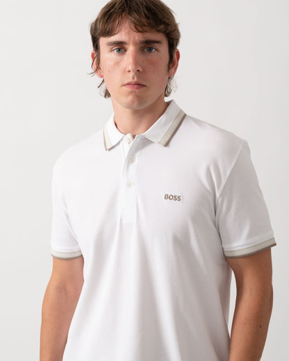BOSS Green Paddy Mens Cotton-Piqué Polo Shirt with Contrast Logo - Open White 116