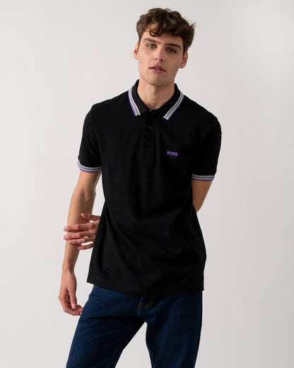BOSS Green Paddy Mens Cotton-Piqué Polo Shirt with Contrast Logo - Black 008