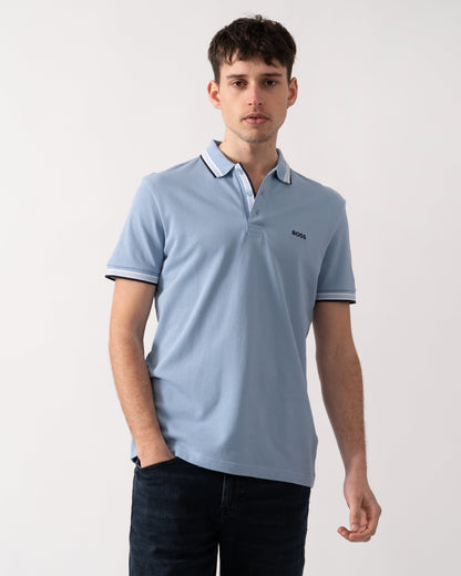 BOSS Green Paddy Mens Cotton-Piqué Polo Shirt with Contrast Logo - Open Blue 496