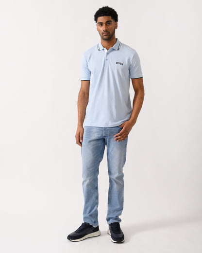 full length shot of a model wearing a BOSS Green Paddy Pro Mens Cotton Blend Polo Shirt With Contrast Logos in Open Blue 460