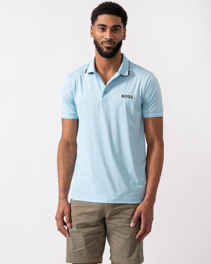 model wearing a BOSS Green Paul Pro Mens Tipped Polo Shirt in Light Pastel Blue