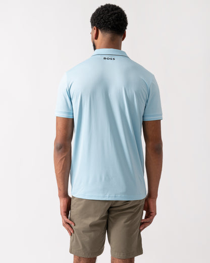 back of a model wearing a BOSS Green Paul Pro Mens Tipped Polo Shirt in Light Pastel Blue