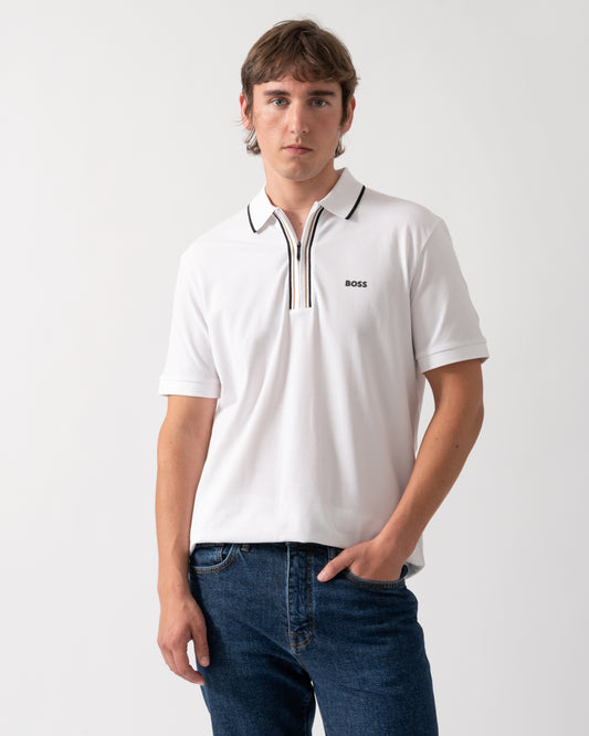 model wearing a BOSS Green Philix Mens Slim Fit Zip Polo Shirt in Moisture-Wicking Stretch Cotton White 100
