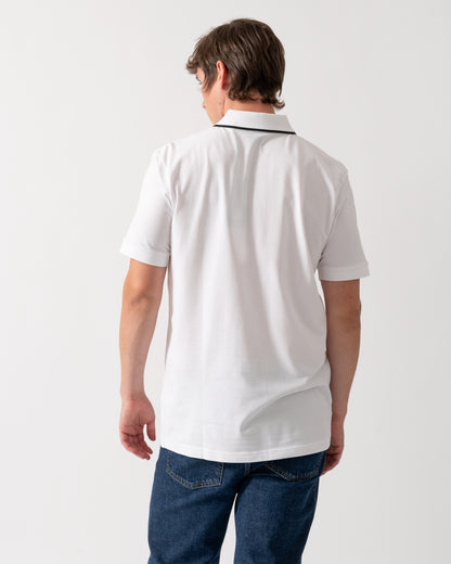 back of a model wearing a BOSS Green Philix Mens Slim Fit Zip Polo Shirt in Moisture-Wicking Stretch Cotton White 100