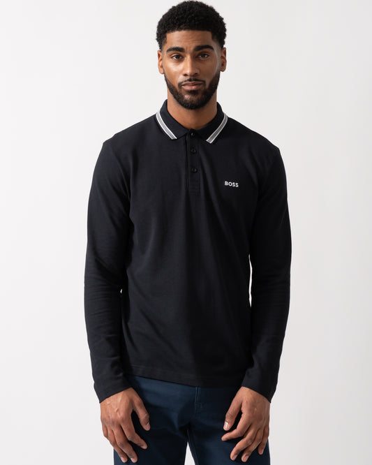 Model wearing a BOSS Green Plisy Mens Long Sleeve Polo Shirt in Dark Blue