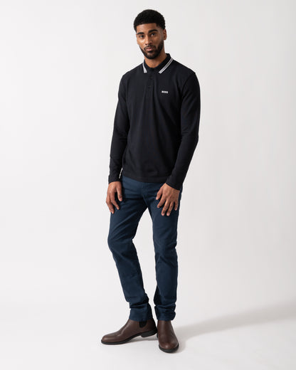 Full length shot of a Model wearing a BOSS Green Plisy Mens Long Sleeve Polo Shirt in Dark Blue