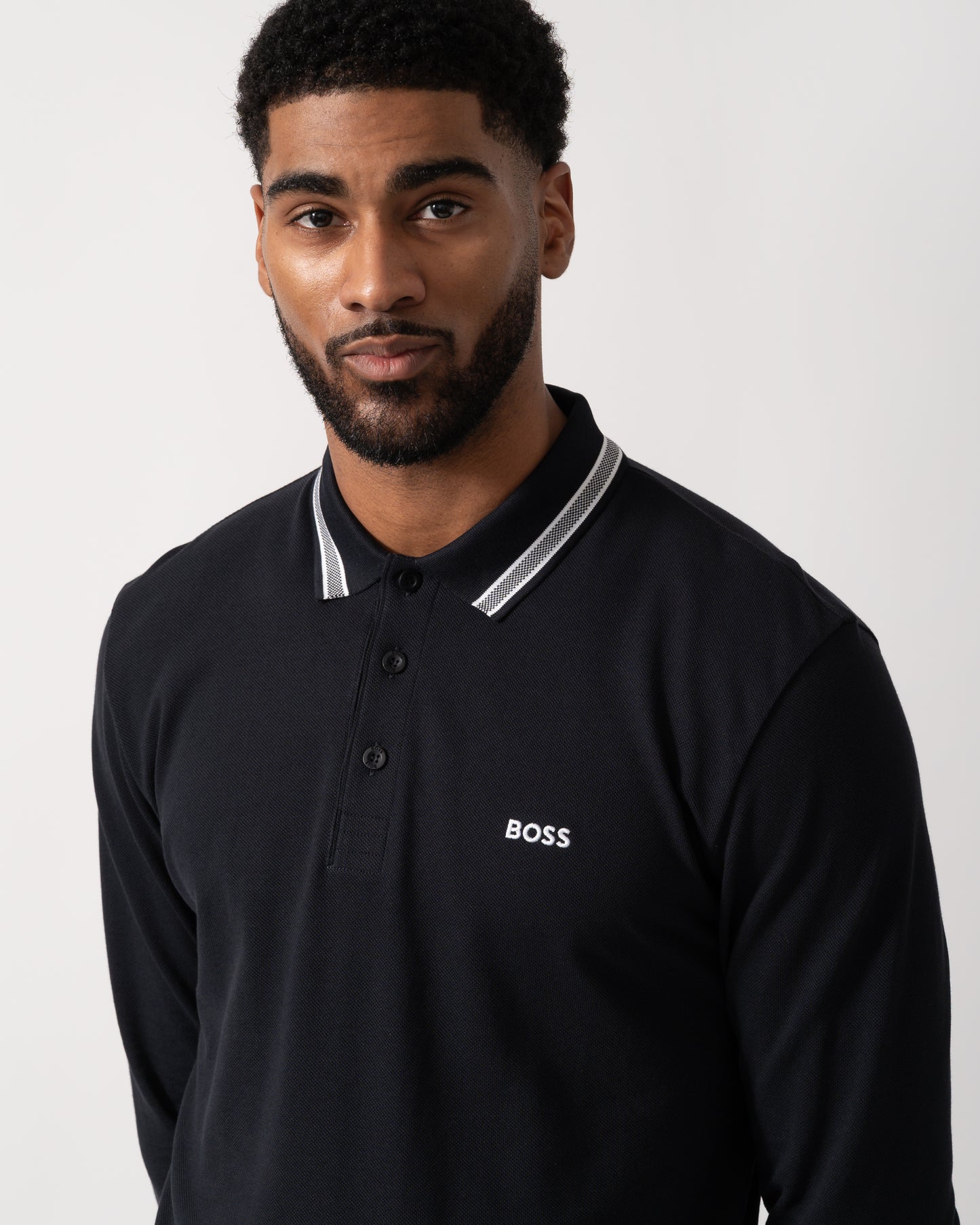 detail shot of a Model wearing a BOSS Green Plisy Mens Long Sleeve Polo Shirt in Dark Blue