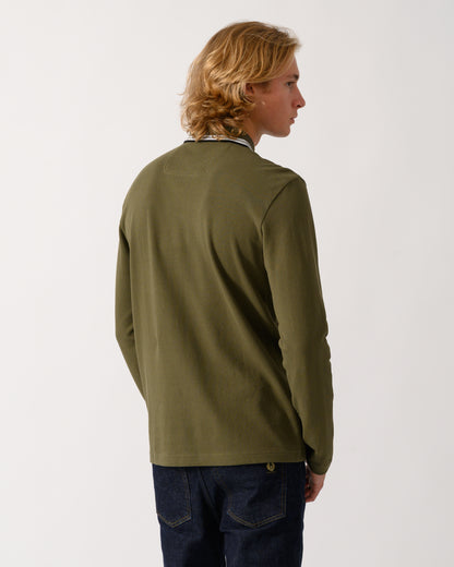 back of a model wearing a BOSS Green Plisy Mens Long Sleeve Polo Shirt in Open Green 398