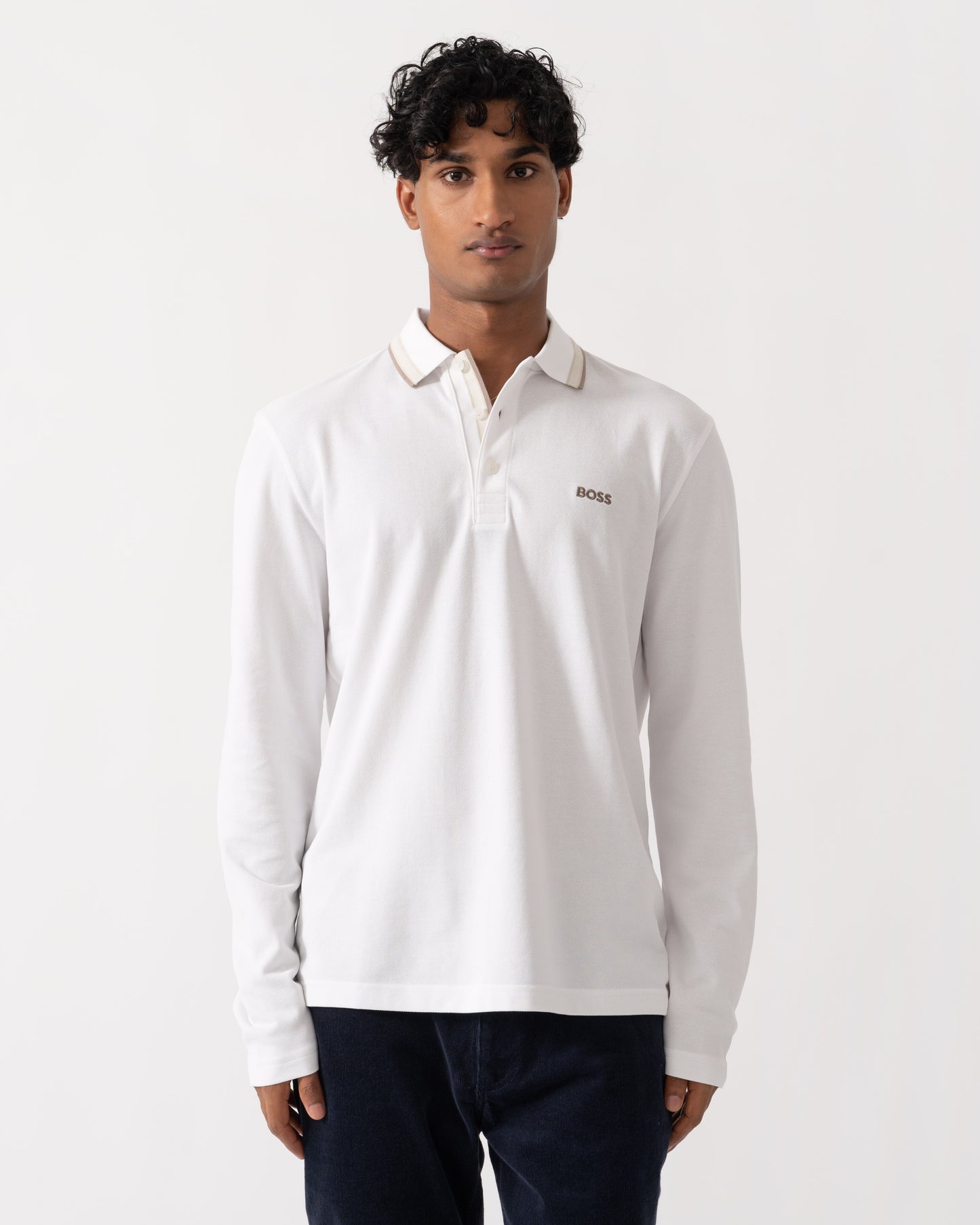 Front of BOSS Green Plisy Mens Long Sleeve Polo Shirt  - Open White 116