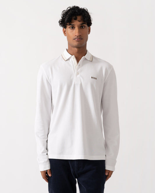 Front of BOSS Green Plisy Mens Long Sleeve Polo Shirt  - Open White 116