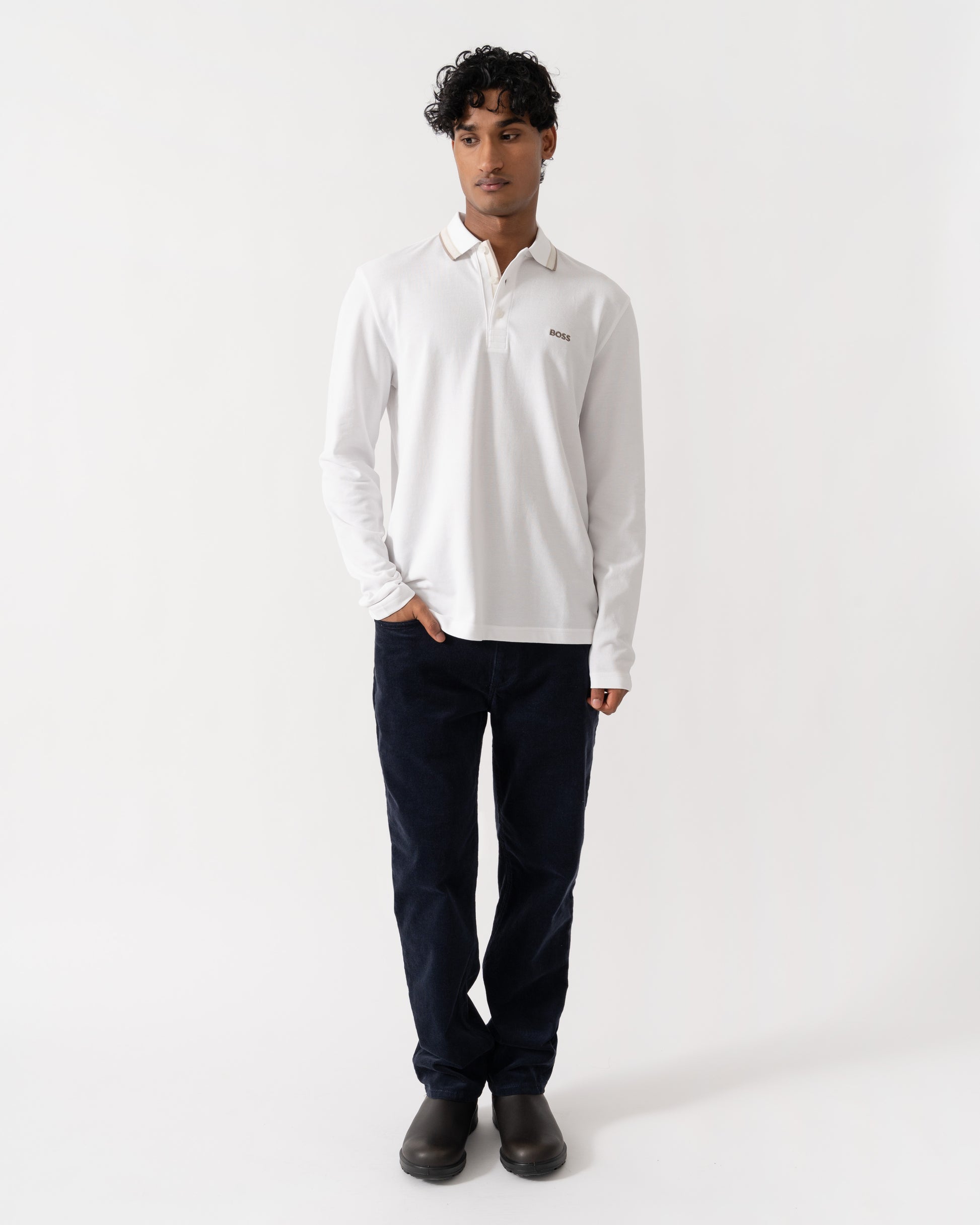 Man wearing BOSS Green Plisy Mens Long Sleeve Polo Shirt  - Open White 116