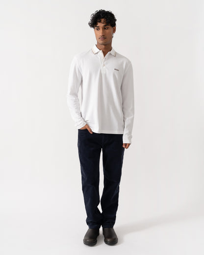 Man wearing BOSS Green Plisy Mens Long Sleeve Polo Shirt  - Open White 116