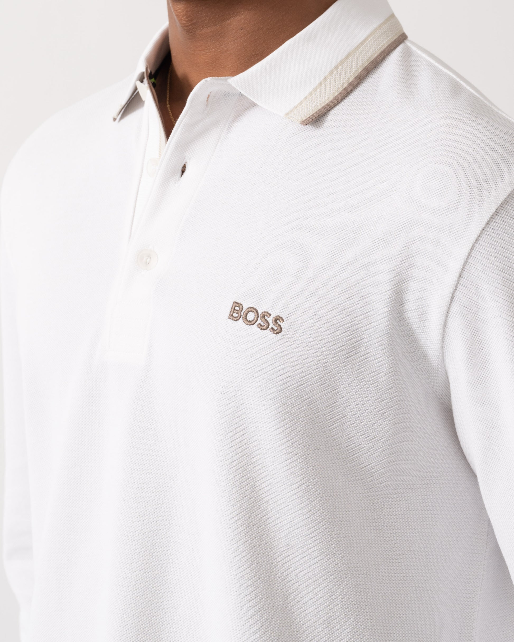 Logo detail of BOSS Green Plisy Mens Long Sleeve Polo Shirt  - Open White 116