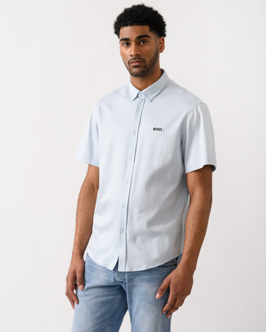 model wearing a BOSS Green ST_Motion Mens Short Sleeve Shirt in Open Blue 460