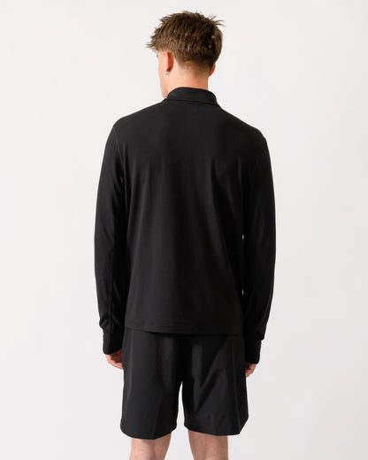back shot of model wearing a BOSS Green SW Active Mens Quarter Zip Sweatshirt in Black 001