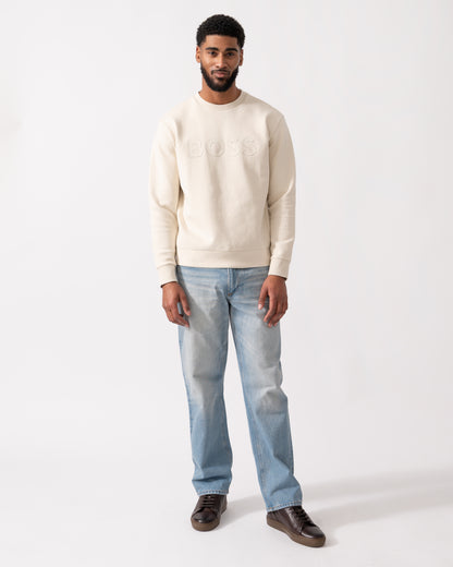 full length shot of a Model wearing a BOSS Green Salbo Mens Stretch-Cotton Sweatshirt with Sandwich Print Logo in Open White