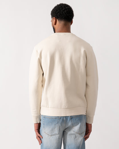 back shot of a Model wearing a BOSS Green Salbo Mens Stretch-Cotton Sweatshirt with Sandwich Print Logo in Open White