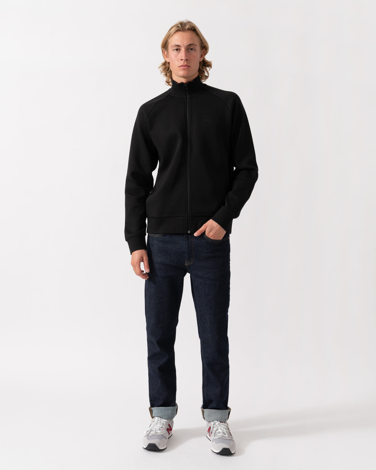 Model wearing the BOSS Green Skaz Mens Full Zip Funnel Neck Sweatshirt with Tonal Logo - Black 001