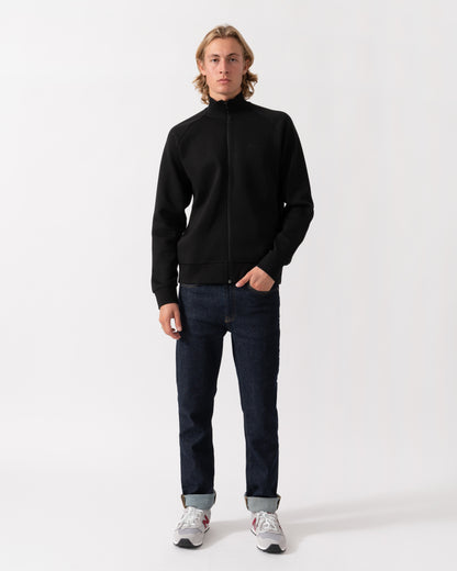 Model wearing the BOSS Green Skaz Mens Full Zip Funnel Neck Sweatshirt with Tonal Logo - Black 001